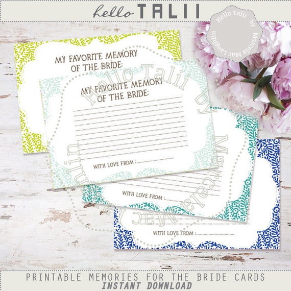 Favorite Memory Of The Bride PRINTABLE Cards Teal Bridal