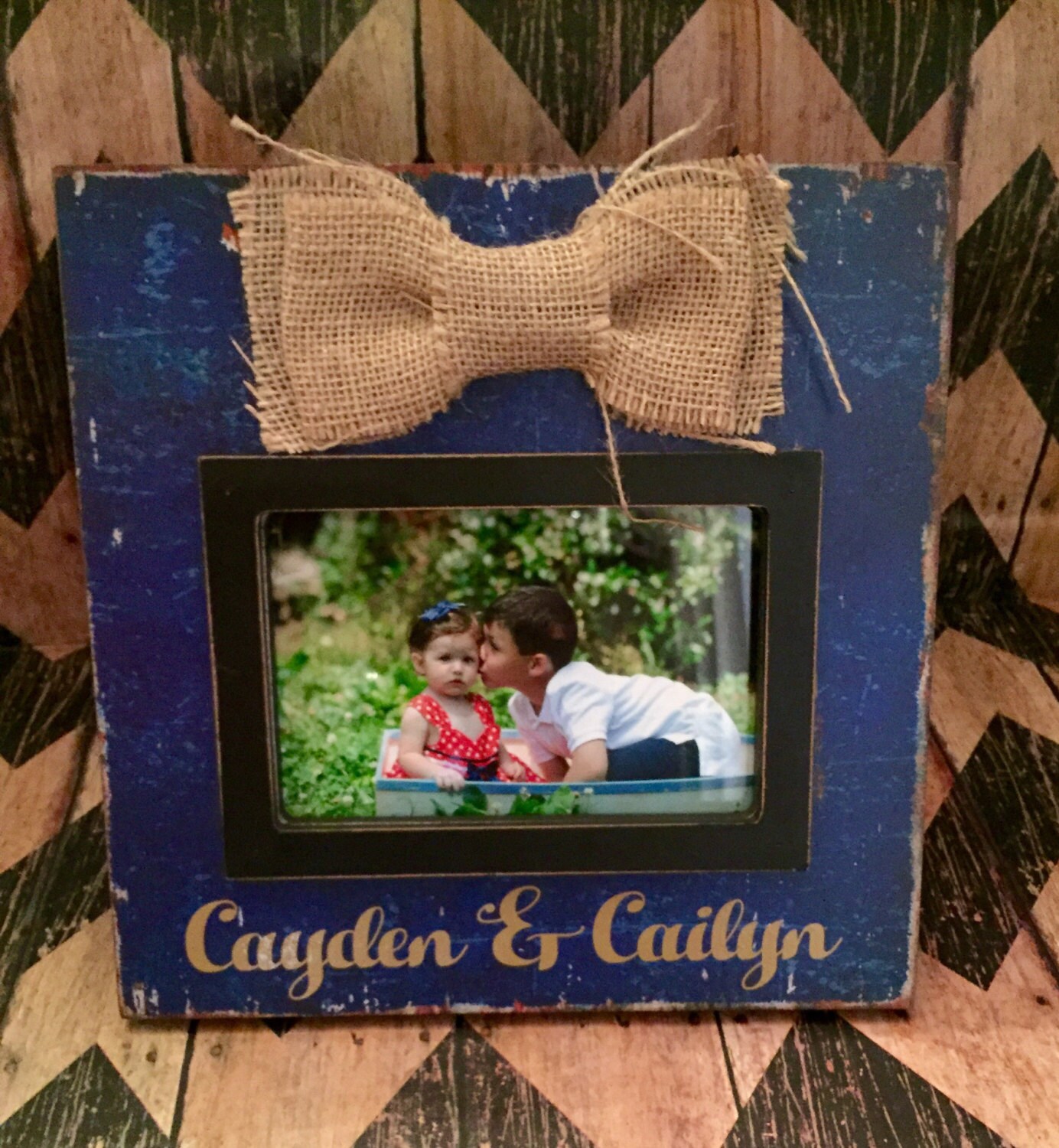 personalized Navy blue frame with burlap bow