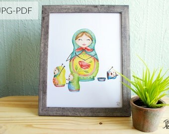 Matriochka printable poster - Watercolor illustration of a mother and her children - Print at home 8x10 or letter format - JPG PDF