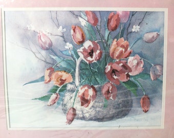 Vintage Dimensions No Count Cross Stitch Kit - "Spring Tulips" #3614 by Barbara Mock 16" x 12" Gallery Collection Design Pink Floral Bouquet