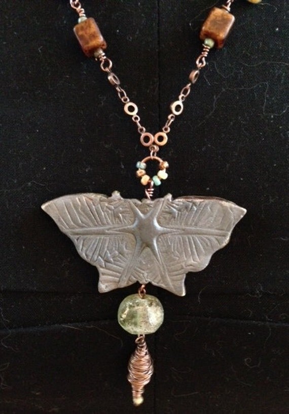 Butterfly Chrysalis Raku Copper Sea glass Pendant Necklace