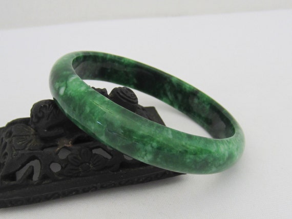 Vintage Jewelry Dark Green Jade Jadeite Wide Bangle Bracelet