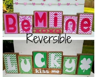 Valentine's Day Blocks - St. Patrick's Day Blocks - Valentine's Day Decor - St. Patrick's Day Deco - Reversible Blocks - Wooden Blocks