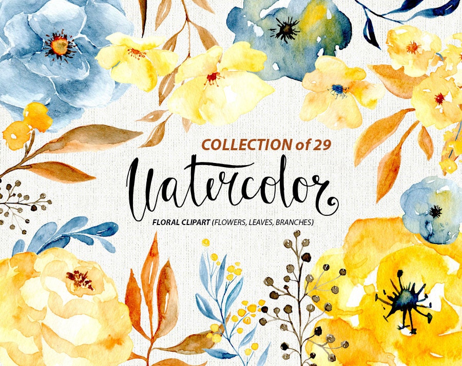 Wedding watercolor flower clipart: 29 blue yellow brown