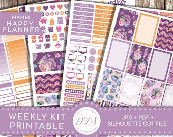 My Happy Planner Stickers, Weekly Planner Kit, Floral Planner, Mambi Stickers, Printable Stickers, Full Box Stickers, Purple Orange, HP101
