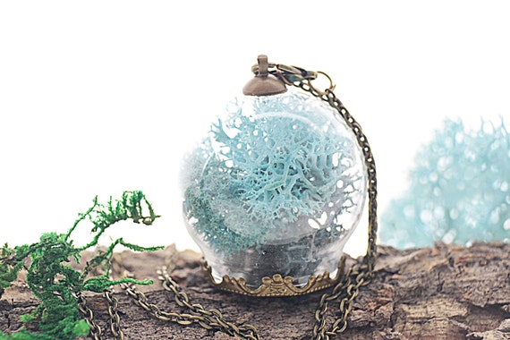 Azure Reindeer Mini Moss Garden Terrarium Necklace, Sky Blue Coral Teal Fairy Garden Woodland Hand Made Jewelry - FAIRY ARCADIA