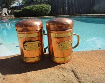 vintage copper salt & pepper shakers with handles 4" tall home decor