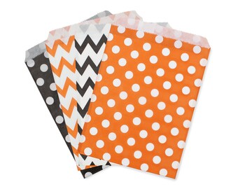 Party Favor Bag, Paper Favor Bags, Black and Orange Polka Dot Chevron Paper Favor Bags, Halloween Party Favor Bags, Fall Carnival Treat Bags