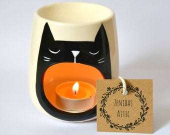 Cat Oil Burner - Black Cat Lover Gift - Wax Melter - Cat Lady Gift - Candle Holder - Tea Light - Illustration - Cats - Kitten Art - Kitten