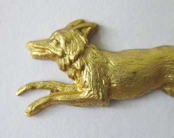 6 Vintage Brass Stampings, Running Foxes, 37mm x 12mm