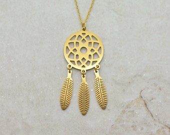 Dream Catcher Necklace, Brushed 24k Gold Plated Stainless Steel, Dainty Minimal Layering Layered Long Necklaces