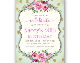 Surprise 50th Birthday Invitation / Mint and Gold Birthday Invitations for Women / 50 and fabulous / Birthday Dinner / Surprise Party