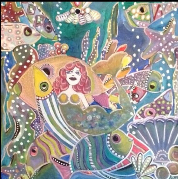 Whimsical art mermaid ocean painting fish art by LushdolliesArt