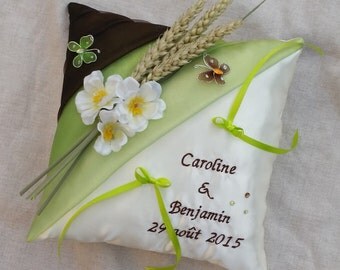 Nature theme wedding ring bearer pillow rustic ears of corn Butterfly flowers green and chocolate, personalized Whoopsidaisies Creation