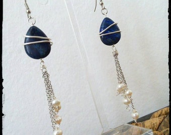 Silver plated copper earrings, lapis lazuli and freshwater pearls