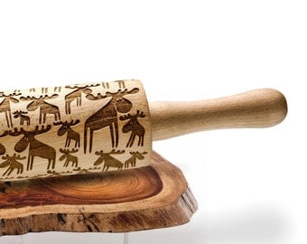 Engraved Wooden Embossing Rolling Pin, Pattern Laser Cut, Decorating Roller, Rolling Pin Custom Engraved, Deer, Cookies Moose Gift for Her