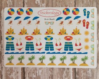 Beach Stickers, Wave Border Stickers, Swimming Stickers, Sand Castle Stickers, Vacation Stickers, Flip Flop Stickers, A-60.