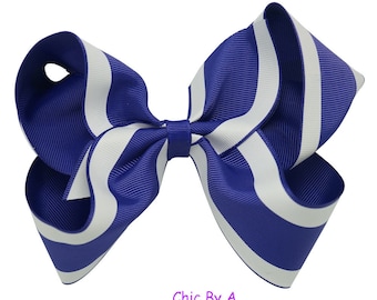 Back To School,Large Blue Hair Bow,Blue,White,5" Elegant Hair Bow,Hair Bows,Bow,Baby,Kids,Girl,Toddler,Grosgrain Ribbon,Girl Bows,Hair Bow