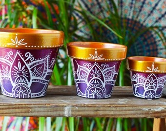 Succulent Planter, Flower Pot, Purple and Gold Ombre Bohemian Pots, cactus planters, hippie pots, lotus design, Jewel toned, Henna