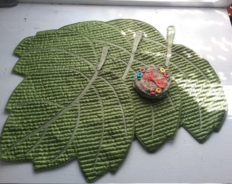 Vintage Quilted Leaf Placemats, Set of 3, Plus 3 Wicker Coasters, Island Style, Glligan's Island?