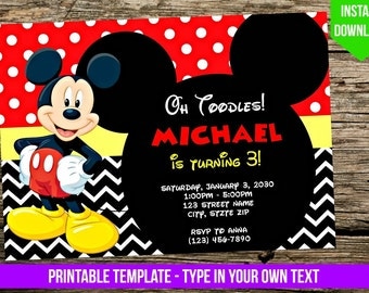 Mickey Mouse Invitation - DIY - You Print - Birthday Party Invite - Disney Inspired Editable PDF Invitation with Adobe Reader - Printable