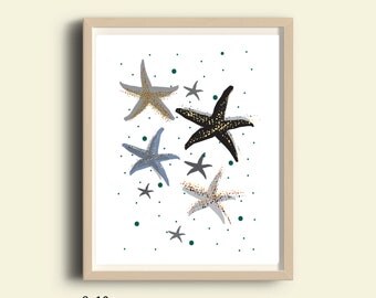 Sea shells art, sea shells home decor, sea star art, grey illustration print, Printable nautical art, nursery decor, kids room, digital art
