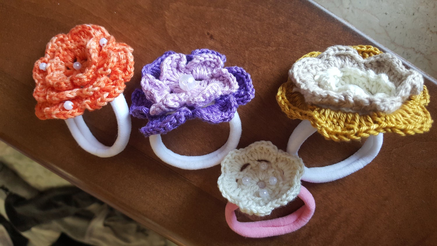 four crochet rubber bands floral rubber band flowers rubber