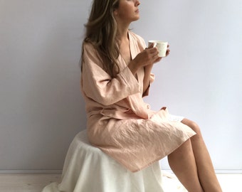 Linen robe, soft kimono robe, robe coverup, robe for bride, linen bath robe, linen night gown, morning dress, linen sleep wear, women robe