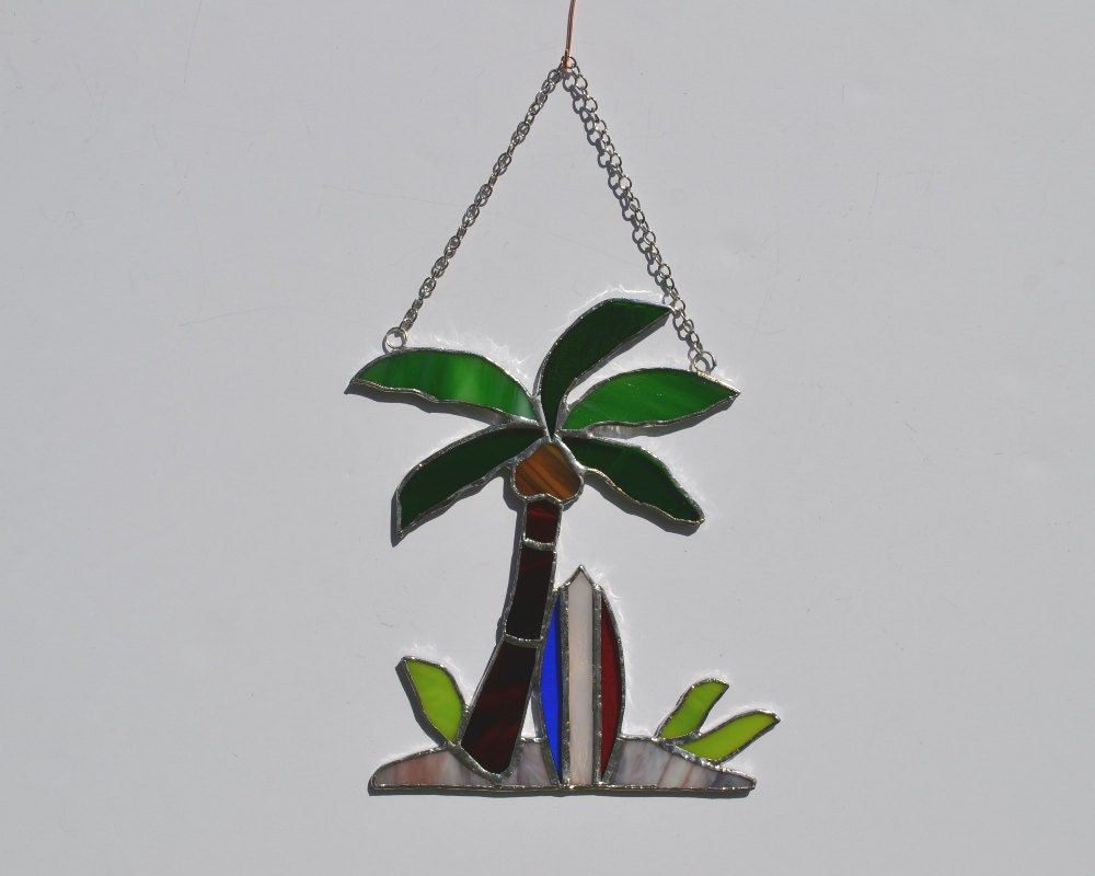 Stained glass suncatcher palm tree with red white and blue