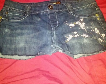 Upcycled Cutoff Shorts With Hand painted Glittering Cherry Blossoms Size 13