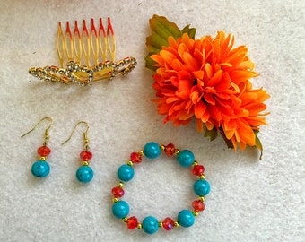 Set Princess Elena of Avalor Hair Clip, Earrings, Crown and Rhinestone Crown