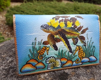 Hand Painted Leather Wallet Womens Leather Purse Painted Coin Purse French wallet Painted leather pouch handmade leather wallet sea fantasy