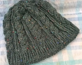 Hand-knitted grey/green rustic cabled beanie hat