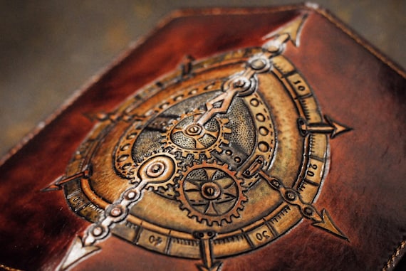 Hand engraved steampunk, handmade leather wallet with card and passport holder by 0ValNguyen0 steampunk buy now online