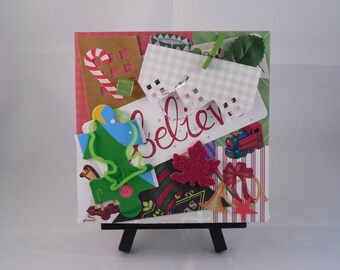 Original Mixed Media Collage Art, 5x5, Canvas, “Believe,” Christmas Art