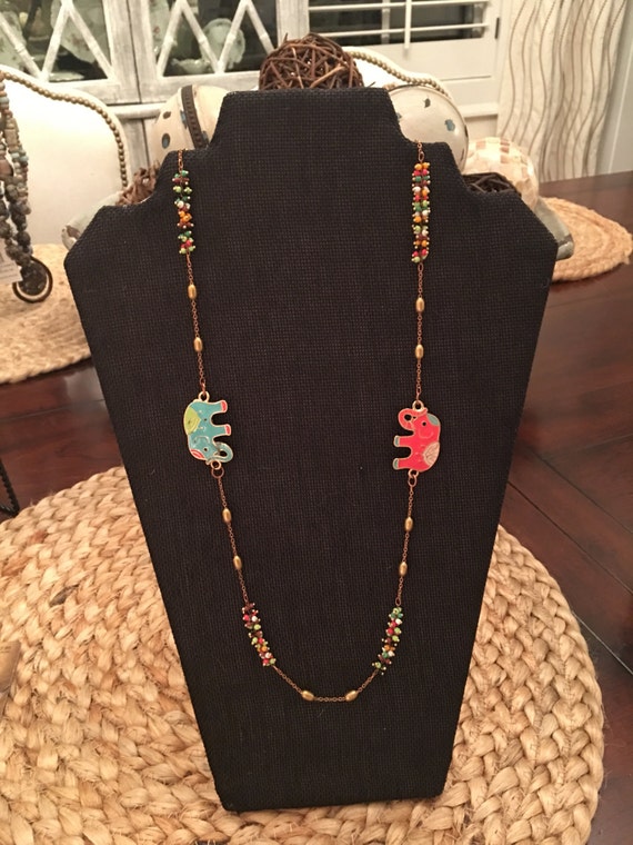 Coloroful Coral and Turquoise Elephant Chain Necklace