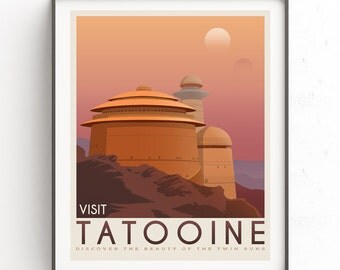 Tatooine poster. Tatooine retro travel. Starwars planet illustration. Sci fi vintage print. Luke skywalker. Landspeeder. Two mons landscape