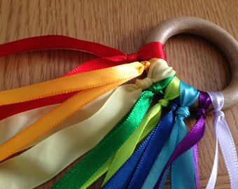 Montessori - Hand Kite - Rainbow Colours - Waldorf Toys - Wood Ring - Rhythm Ribbons - Play Therapy - Wooden Baby Ribbon - Sensory Ribbon