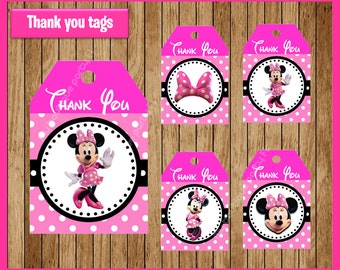 Pink Minnie mouse thank you tags instant download, Printable Minnie mouse party tags, Minnie thank you tags