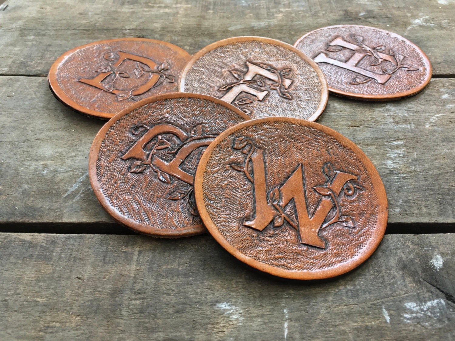 Monogram Leather coasters/ Hand tooled Letter Coasters/
