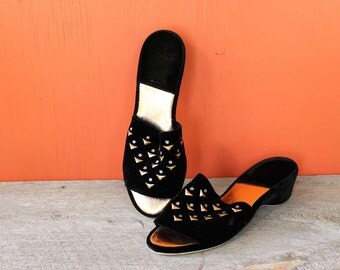 vintage black velvet slippers with gold studs and prong set rhinestones . vintage velvet slippers by Night-Aires