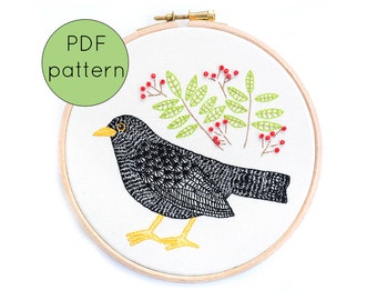 Embroidery Pattern Download, Bird Hand Embroidery Pattern, PDF Pattern, Blackbird