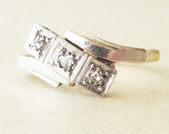 Antique Geometric Rose Cut Diamond Trilogy Ring, Art Deco Diamond, Platinum & 18k Gold Engagement Ring Approx Size 5.75