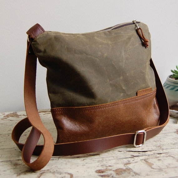 Waxed Canvas and Leather Crossbody Bag / by StitchandRivet on Etsy