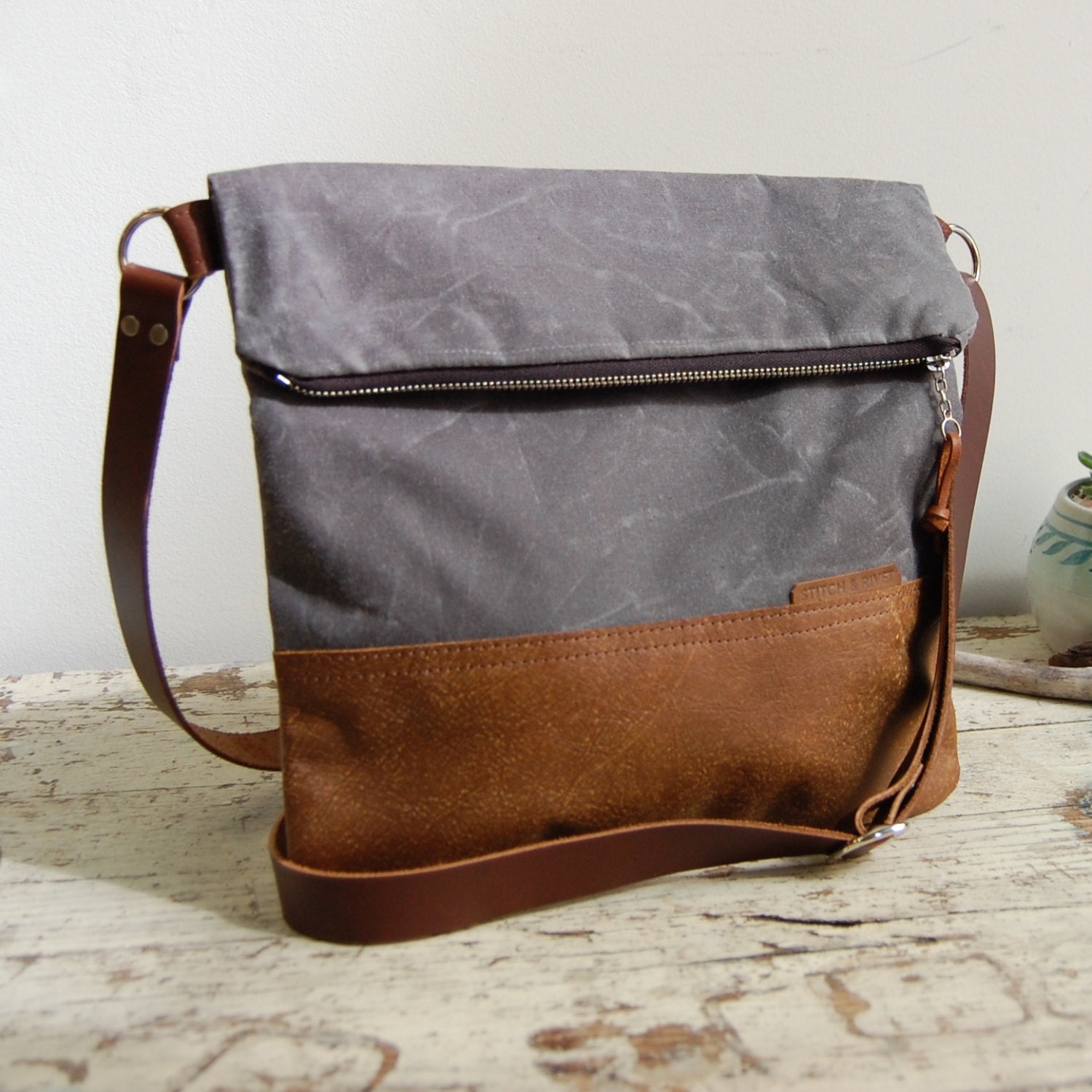 Waxed Canvas and Leather Foldover Crossbody Bag by StitchandRivet