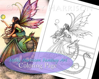 Kit and Clowder RESERVED listing - Dragon's Orbs Fairy Dragon - Printable - Adult Coloring Page - Molly Harrison Fantasy Art