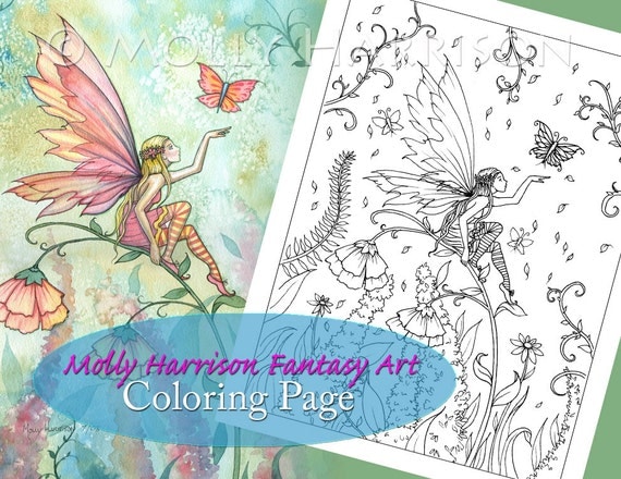 Butterfly Flower Fairy - Digital Stamp - Printable - Flower Fairy Art - Molly Harrison Fantasy Art - Digistamp Coloring Page - Digi Stamp