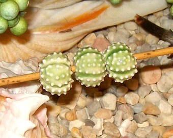 3 Lime Green Sea Urchin beads 1/2" for jewelry creations handmade ceramic porcelain - by Earth N Elements Pottery