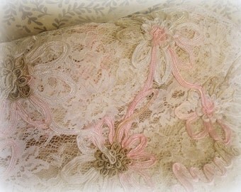 white with variegated pink and latte soutache lace soutache flowers on white lace remnant 18" x 38"