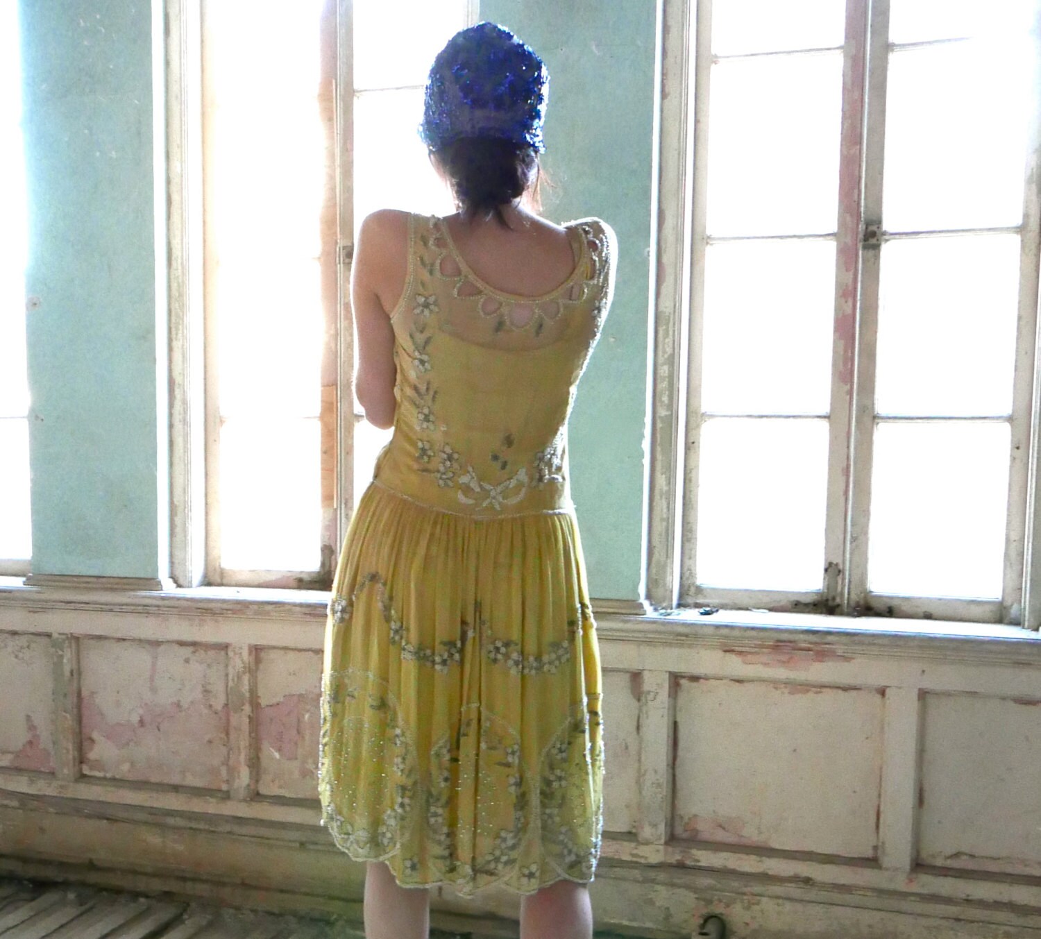 Yellow Silk Chiffon Beaded Flapper Dress with Slip Size Small